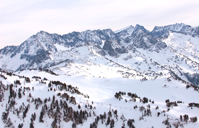 A snowy valley peak at the Baqueira-Beret ski resort.