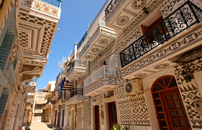 Eye-catching facades in Pyrgi, one of the seven Mastichochoria (mastic villages)