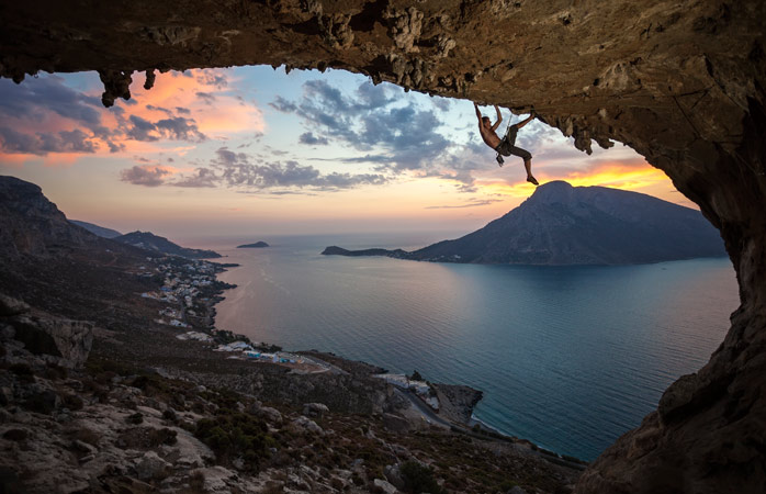 Sunset from a whole different perspective climbing Grande Grotta in Kalymnos
