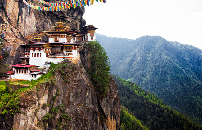 The Tiger's Nest Buddhist temple located in the cliff side of the upper Paro valley, in Bhutan