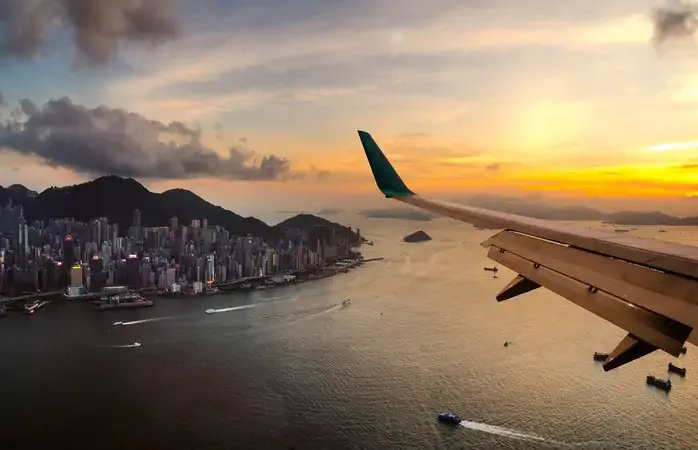 View from airplane window. Flying over Hong Kong city